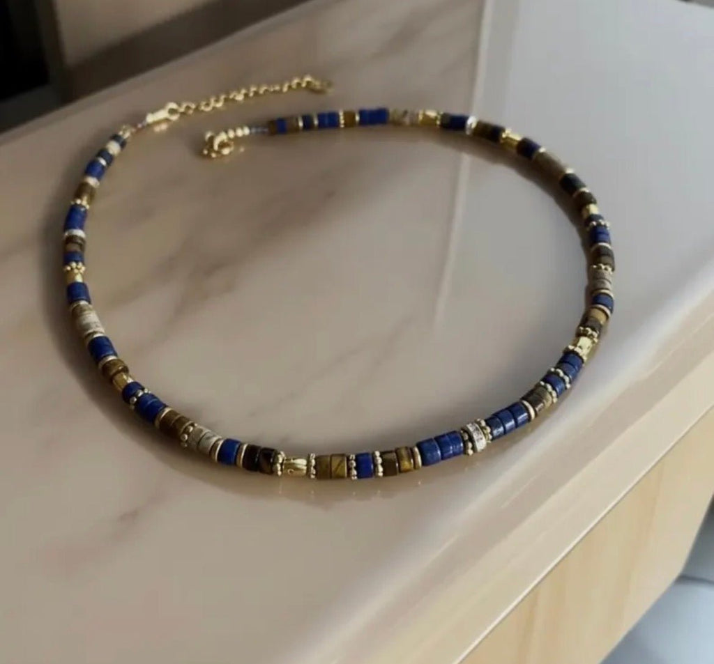 Collier bohème chic en pierres naturelles – œil de tigre, lapis lazuli & jaspe paysage – acier inoxydable - Lagaleriepoetique