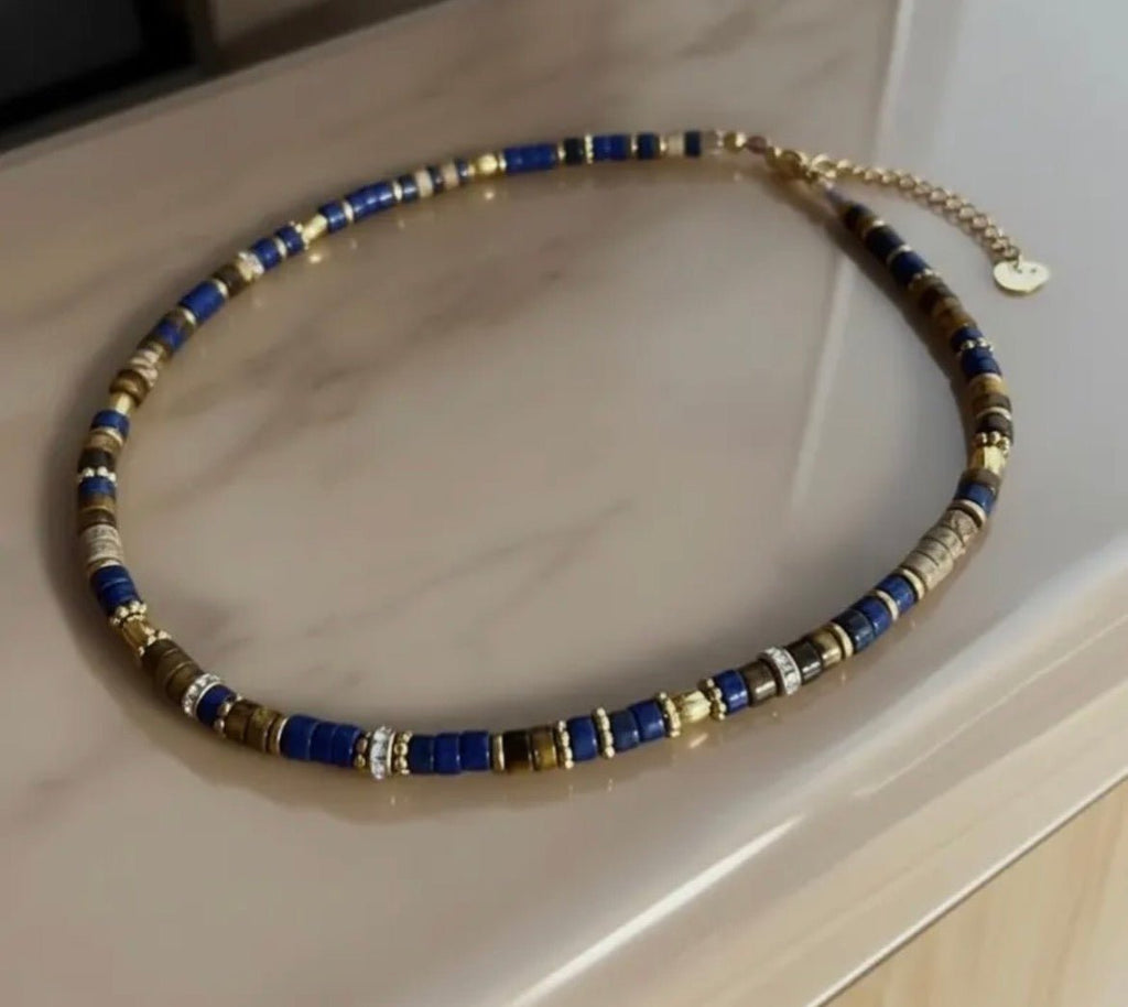 Collier bohème chic en pierres naturelles – œil de tigre, lapis lazuli & jaspe paysage – acier inoxydable - Lagaleriepoetique