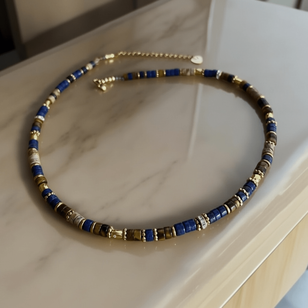 Collier bohème chic en pierres naturelles – œil de tigre, lapis lazuli & jaspe paysage – acier inoxydable - Lagaleriepoetique