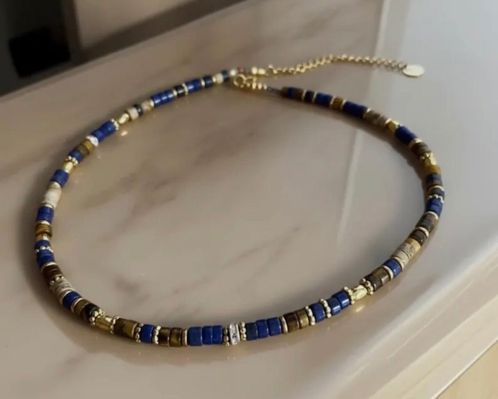 Collier bohème chic en pierres naturelles – œil de tigre, lapis lazuli & jaspe paysage – acier inoxydable - Lagaleriepoetique
