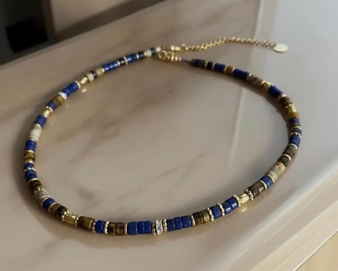 Collier bohème chic en pierres naturelles – œil de tigre, lapis lazuli & jaspe paysage – acier inoxydable - Lagaleriepoetique