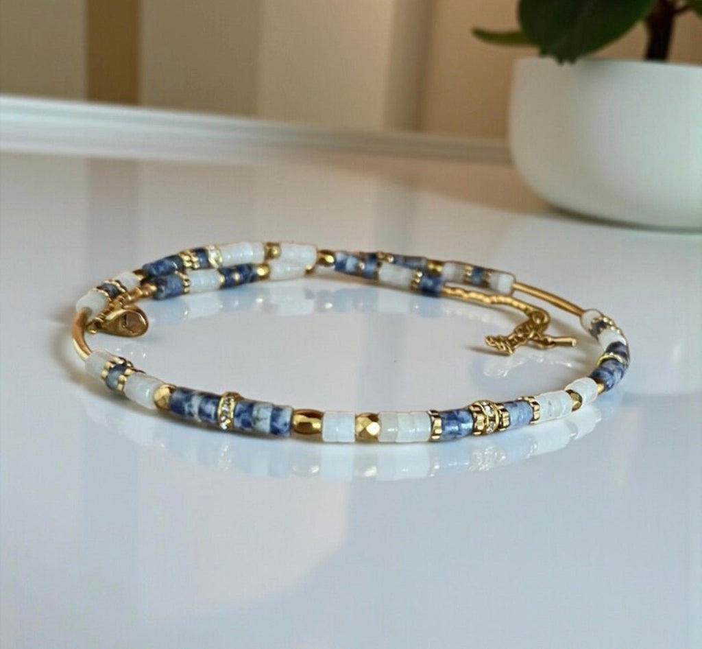 Collier bohème chic en pierres naturelles – sodalite & jade blanc – acier inoxydable - Lagaleriepoetique