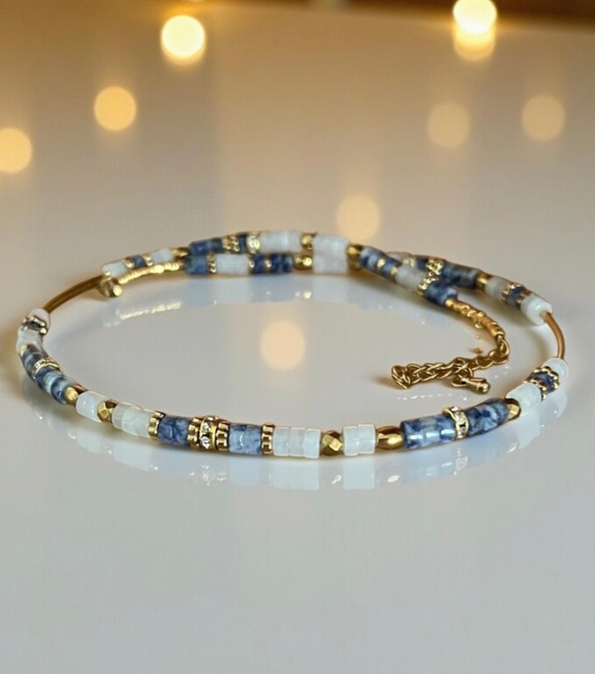Collier bohème chic en pierres naturelles – sodalite & jade blanc – acier inoxydable - Lagaleriepoetique
