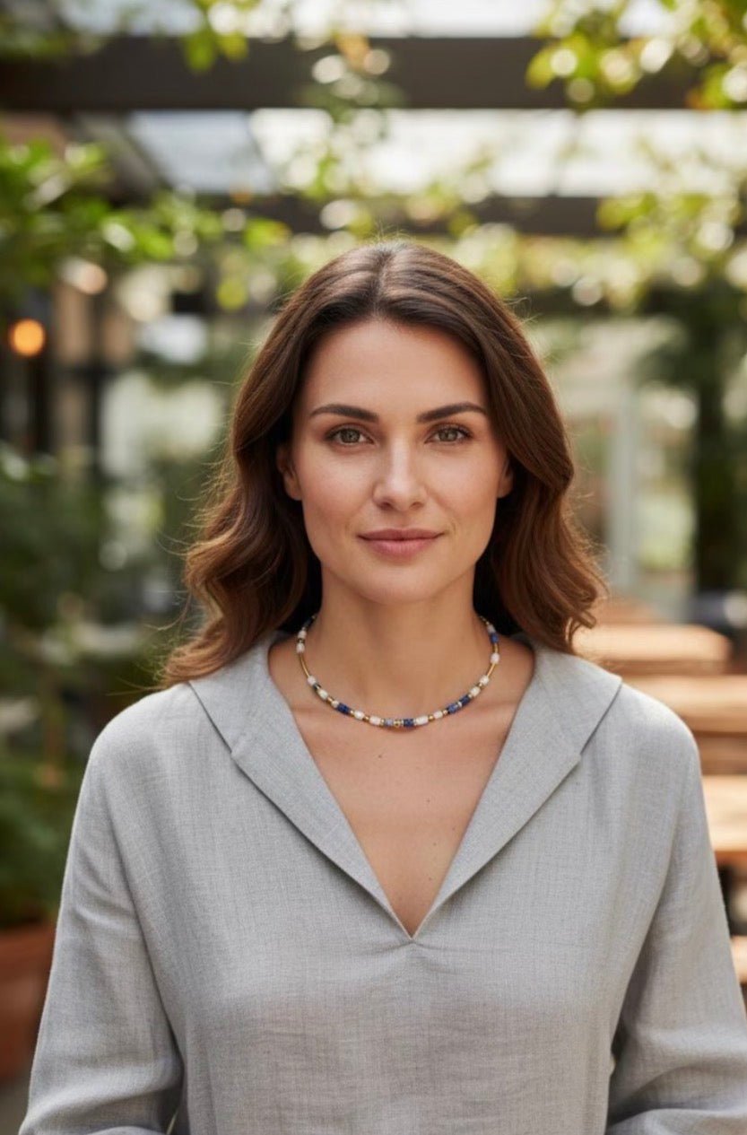 Collier bohème chic en pierres naturelles – sodalite & jade blanc – acier inoxydable - Lagaleriepoetique