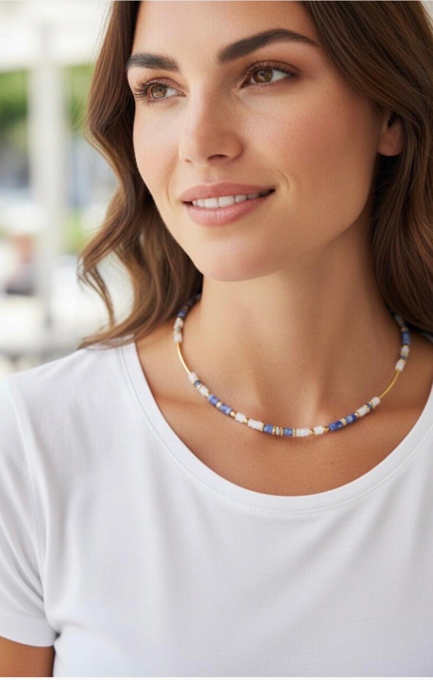 Collier bohème chic en pierres naturelles – sodalite & jade blanc – acier inoxydable - Lagaleriepoetique