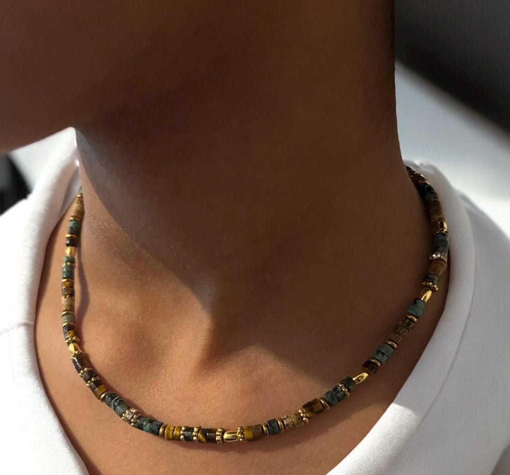 Collier bohème chic en pierres naturelles – turquoise africaine, jaspe paysage & œil de tigre – acier inoxydable - Lagaleriepoetique