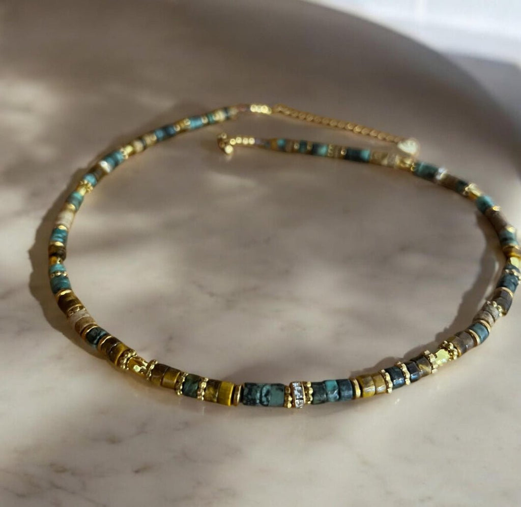 Collier bohème chic en pierres naturelles – turquoise africaine, jaspe paysage & œil de tigre – acier inoxydable - Lagaleriepoetique