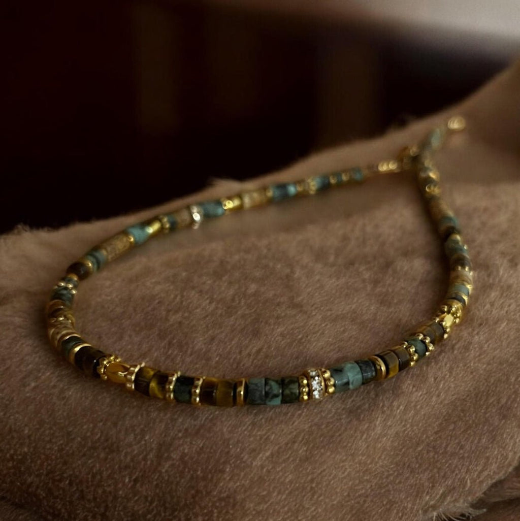 Collier bohème chic en pierres naturelles – turquoise africaine, jaspe paysage & œil de tigre – acier inoxydable - Lagaleriepoetique