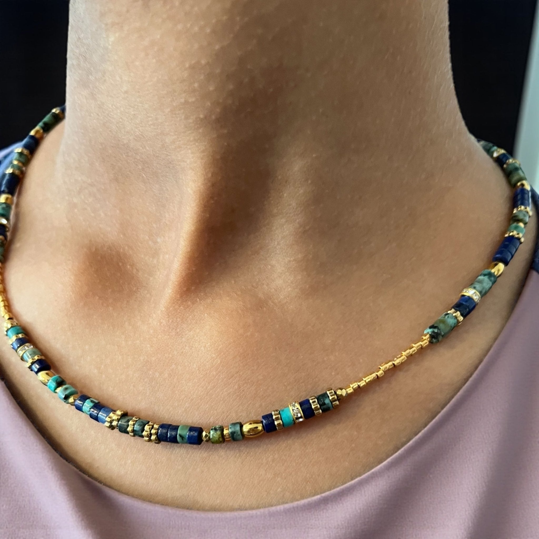 Collier bohème chic lapis lazuli & turquoise – perles Miyuki plaqué or 24k – acier inoxydable - Lagaleriepoetique