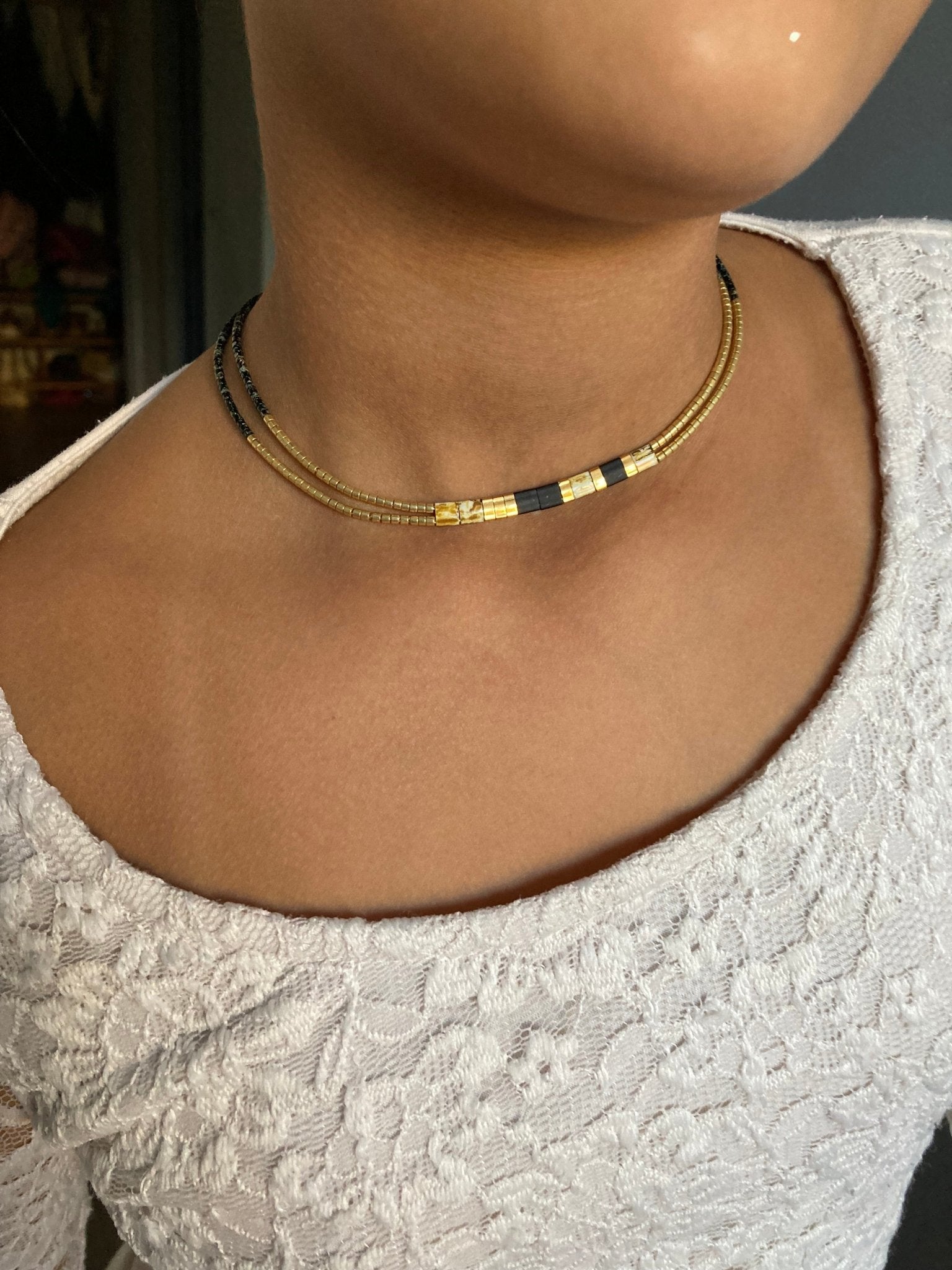 Double collier perles Miyuki plaqué or 24k et noir – collier fin bohème chic – acier inoxydable - Lagaleriepoetique