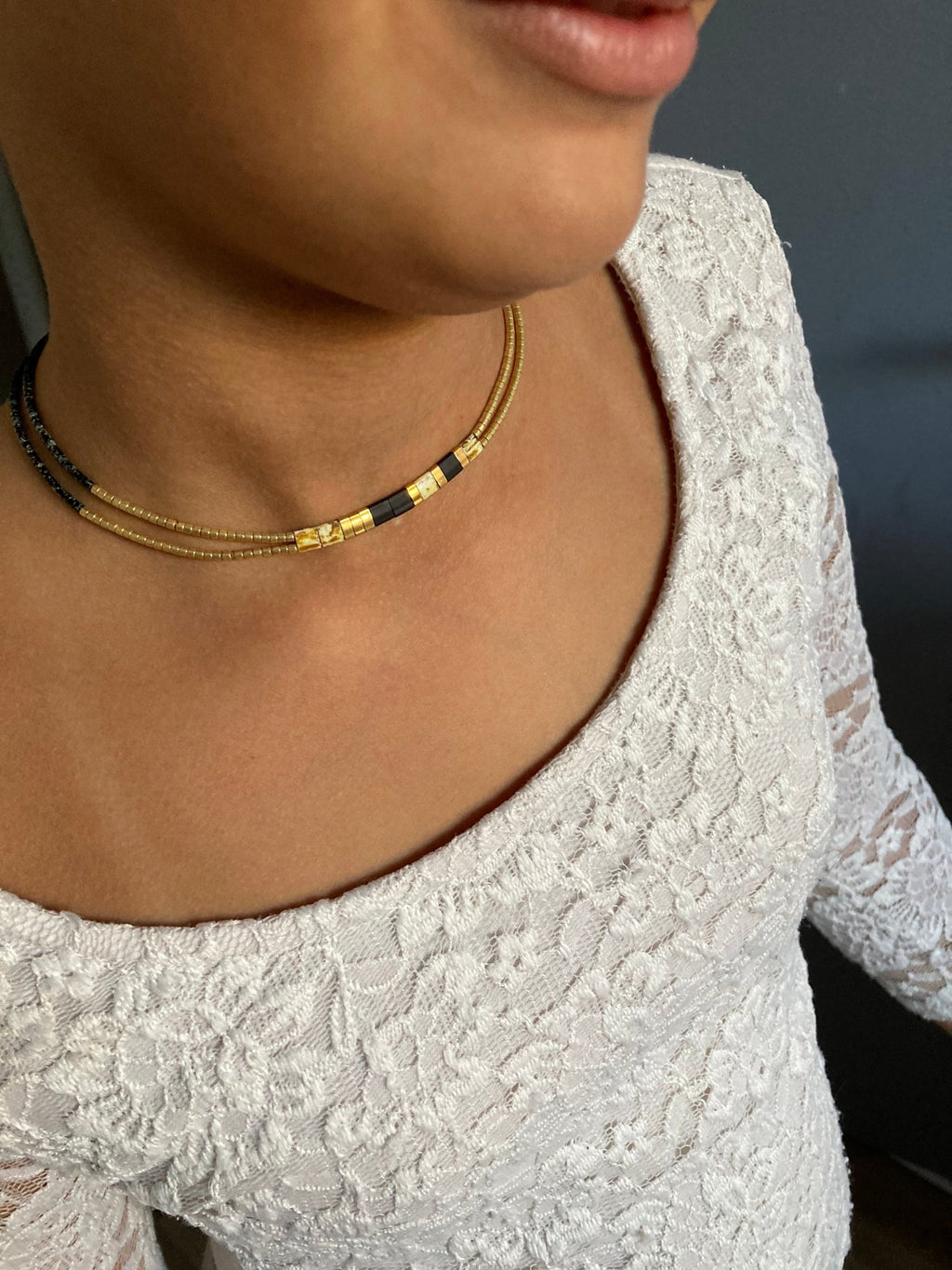 Double collier perles Miyuki plaqué or 24k et noir – collier fin bohème chic – acier inoxydable - Lagaleriepoetique