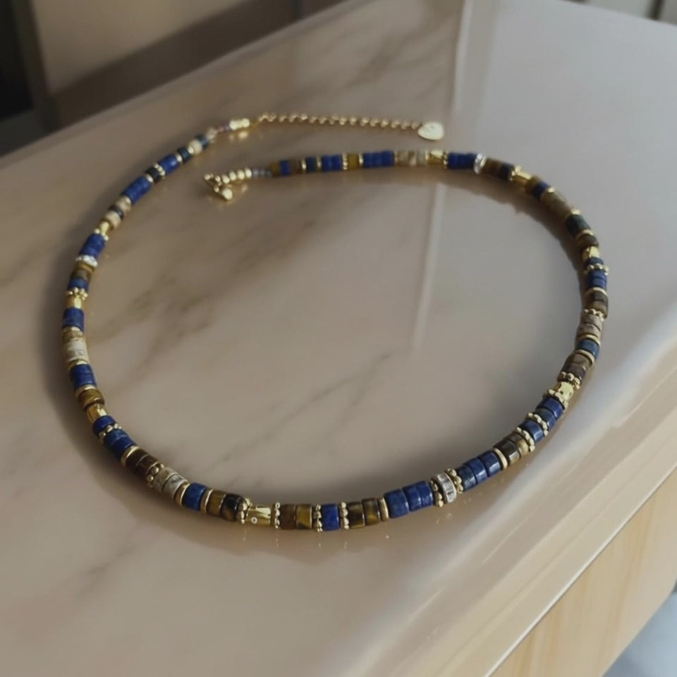Collier bohème chic en pierres naturelles – œil de tigre, lapis lazuli & jaspe paysage – acier inoxydable
